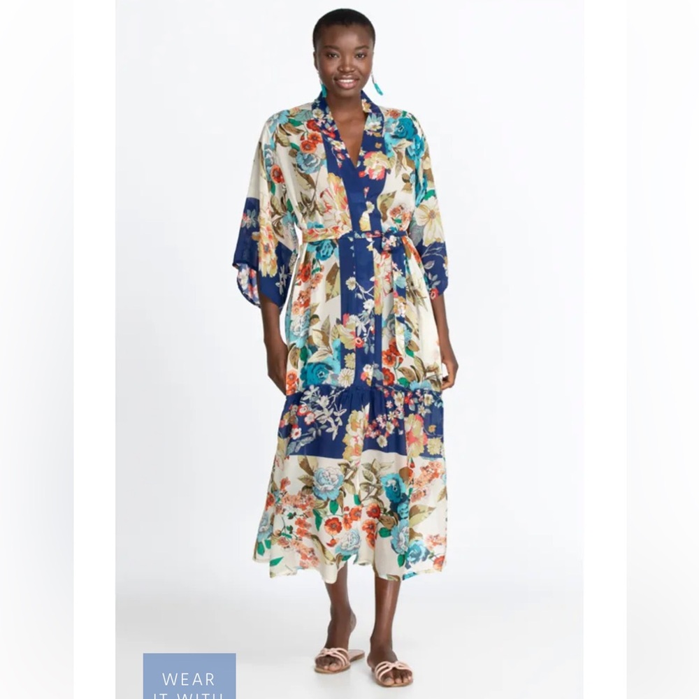 Johnny Was Emma Astrid Kimono - Blue, Turquoise, & Coral Floral Tie Dress